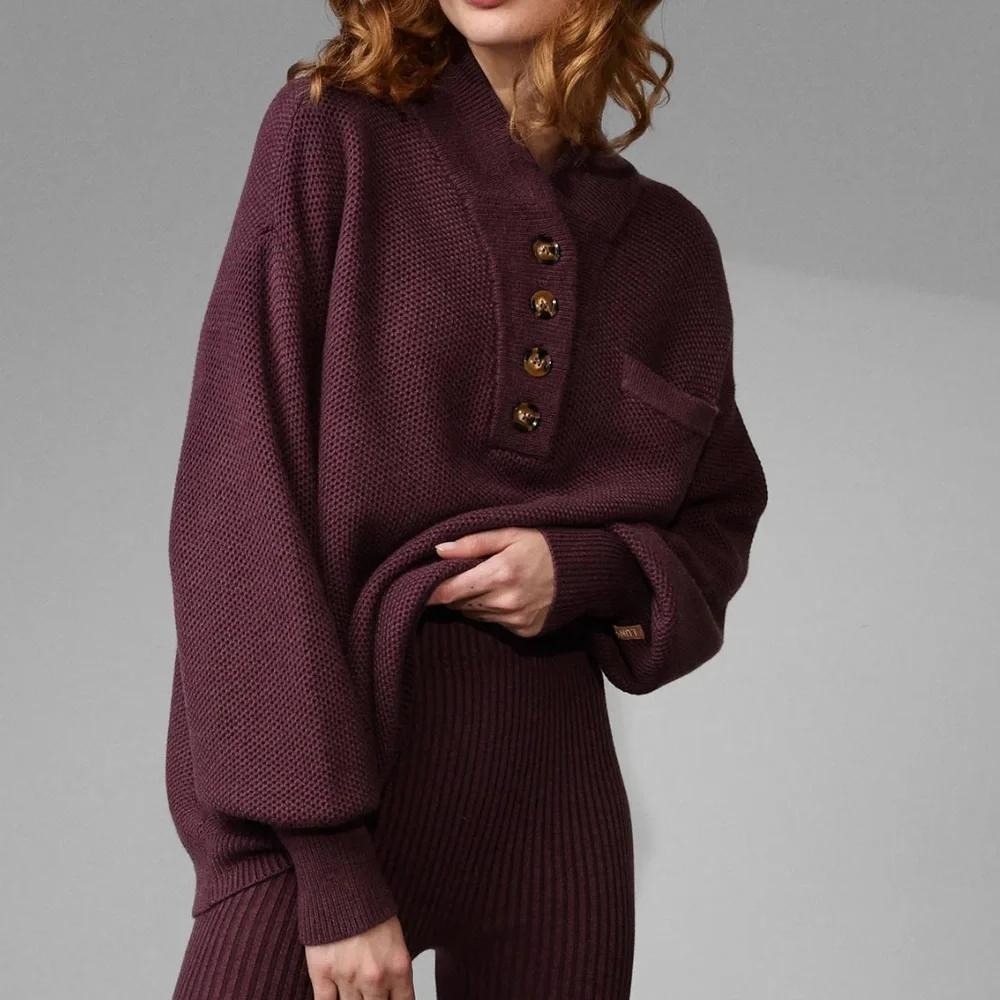 Lunya Henley Sweater Medium Plum Purple Organic Cotton Silk Waffle Pocket Cozy